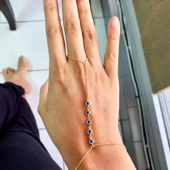 Hand Chain Bracelet Ring Bracelet Hand Chain Dainty Gold And Blue - Picture 3 of 7